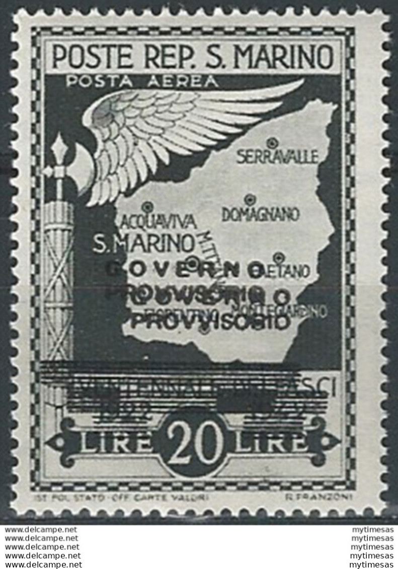 1943 San Marino Governo Provvisorio L. 20 Varietà MNH Sass. N. A47aa - Autres & Non Classés