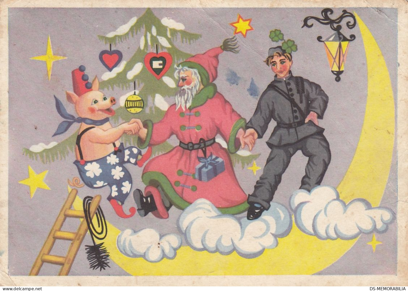 Santa Claus Pink Robe Chimney Sweep Pig Crescent Moon Old Postcard - Santa Claus