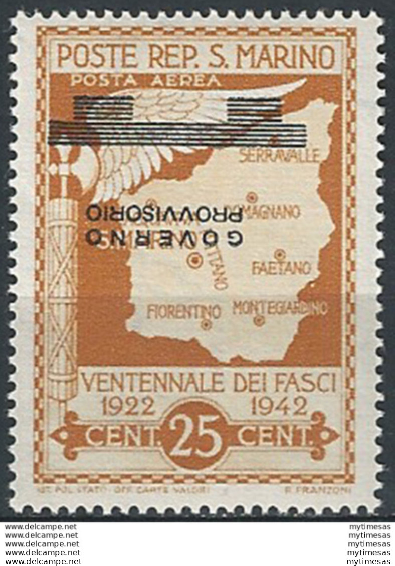 1943 San Marino Governo Provvisorio 25c. Varietà MNH Sass. N. A42a - Autres & Non Classés