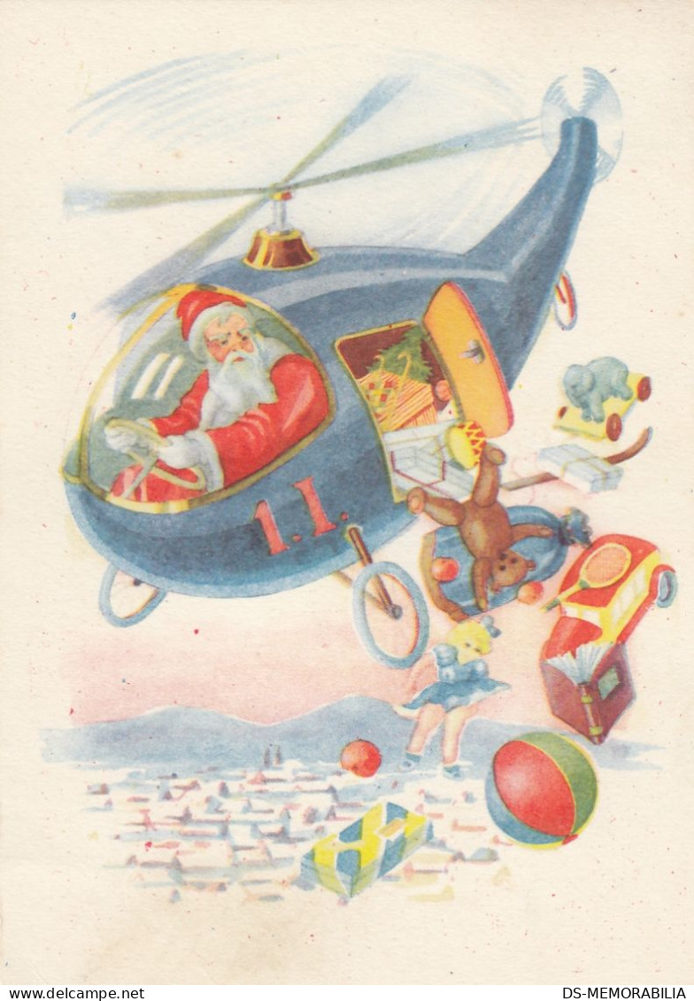 Santa Claus Helicopter Delivering Christmas Gifts Toys Teddy Bear Old Postcard - Santa Claus