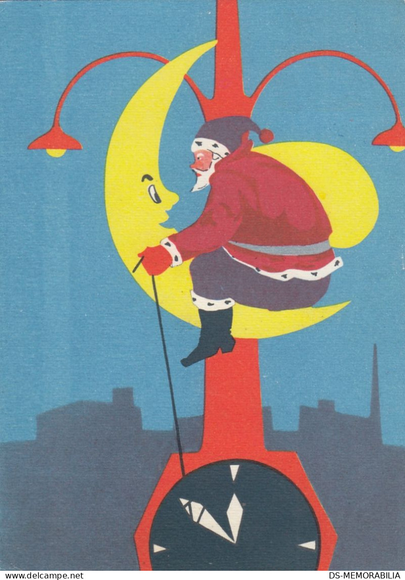Santa Claus W Christmas Gifts Bag On Crescent Moon Old Postcard 1963 - Santa Claus