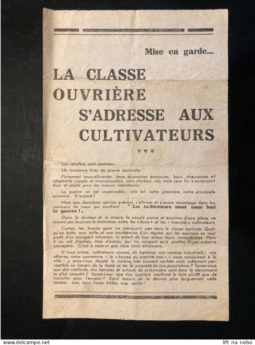 Tract Presse Clandestine Résistance Belge WWII WW2 'La Classe Ouvrière S'adresse Aux Cultivateurs...' - Dokumente