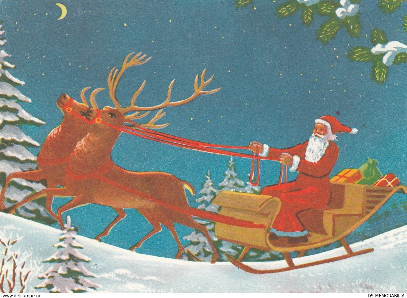 Santa Claus Deer Sled Christmas Gifts Delivery Old Postcard 1963 - Santa Claus