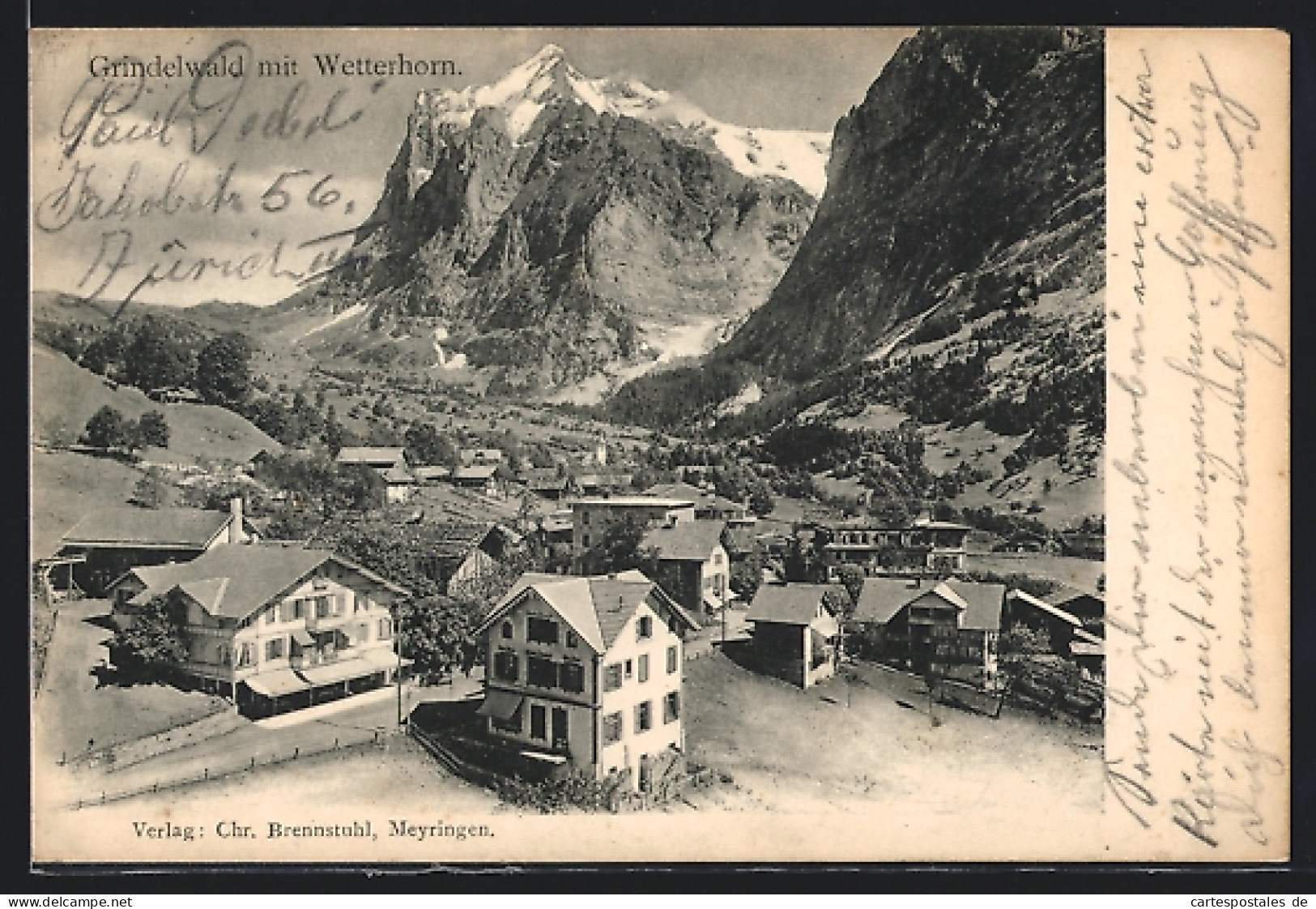 AK Grindelwald, Blick Auf Den Ort Mit Wetterhorn  - Grindelwald