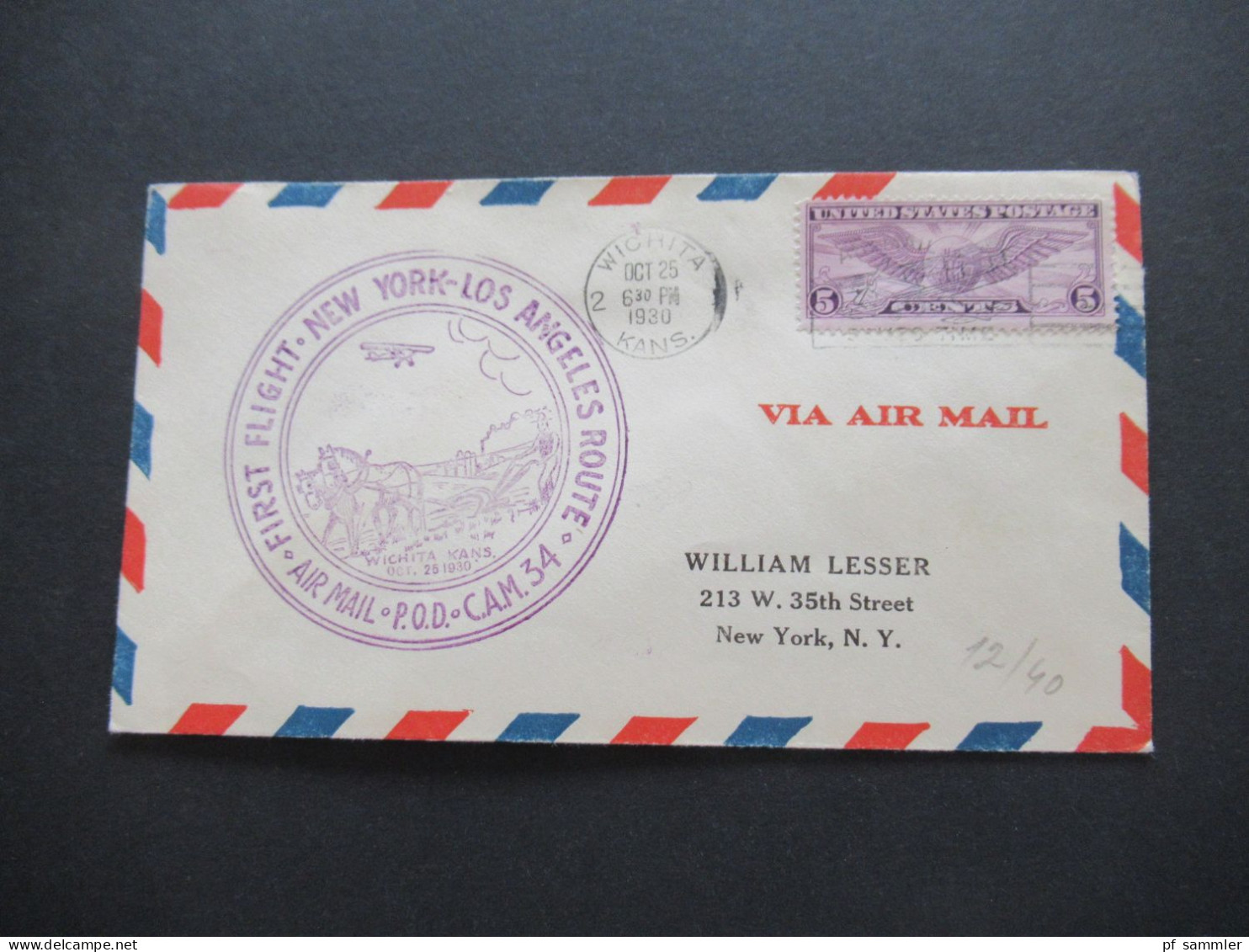 USA 1930 First Flight New York - Los Angeles Route Air Mail POD CAM 34 Stempel Wichita Kansas - New York - 1c. 1918-1940 Cartas & Documentos