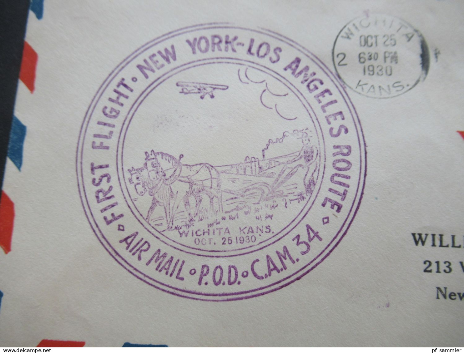 USA 1930 First Flight New York - Los Angeles Route Air Mail POD CAM 34 Stempel Wichita Kansas - New York - 1c. 1918-1940 Lettres