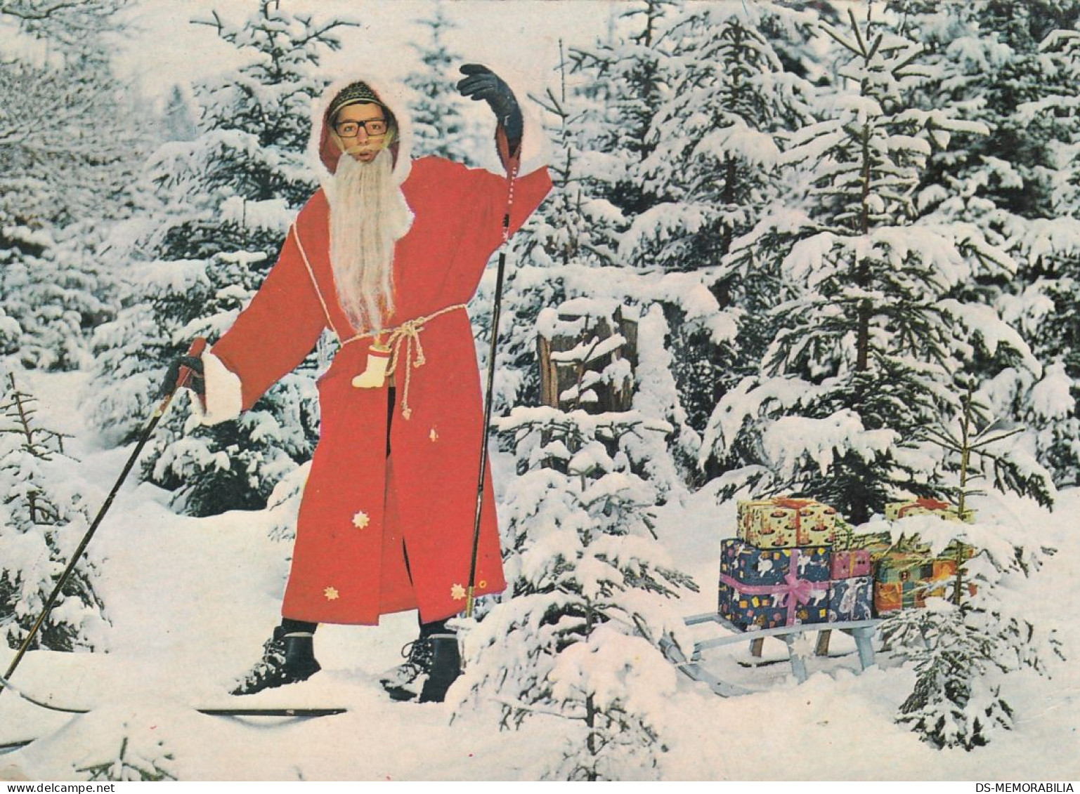 Santa Claus Skiing W Christmas Gifts On Sled Old Postcard - Santa Claus