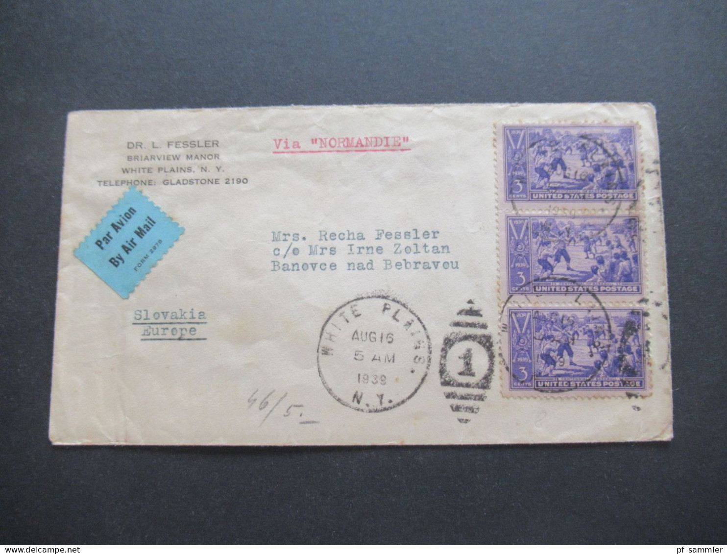 USA 1939 Air Mail Vermerk Via Normandie White Plains NY - Banovce Slovakia Mit Stempel Rückseitig Bratislava - 1c. 1918-1940 Lettres