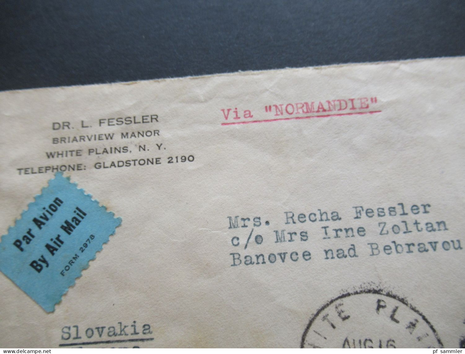 USA 1939 Air Mail Vermerk Via Normandie White Plains NY - Banovce Slovakia Mit Stempel Rückseitig Bratislava - 1c. 1918-1940 Storia Postale