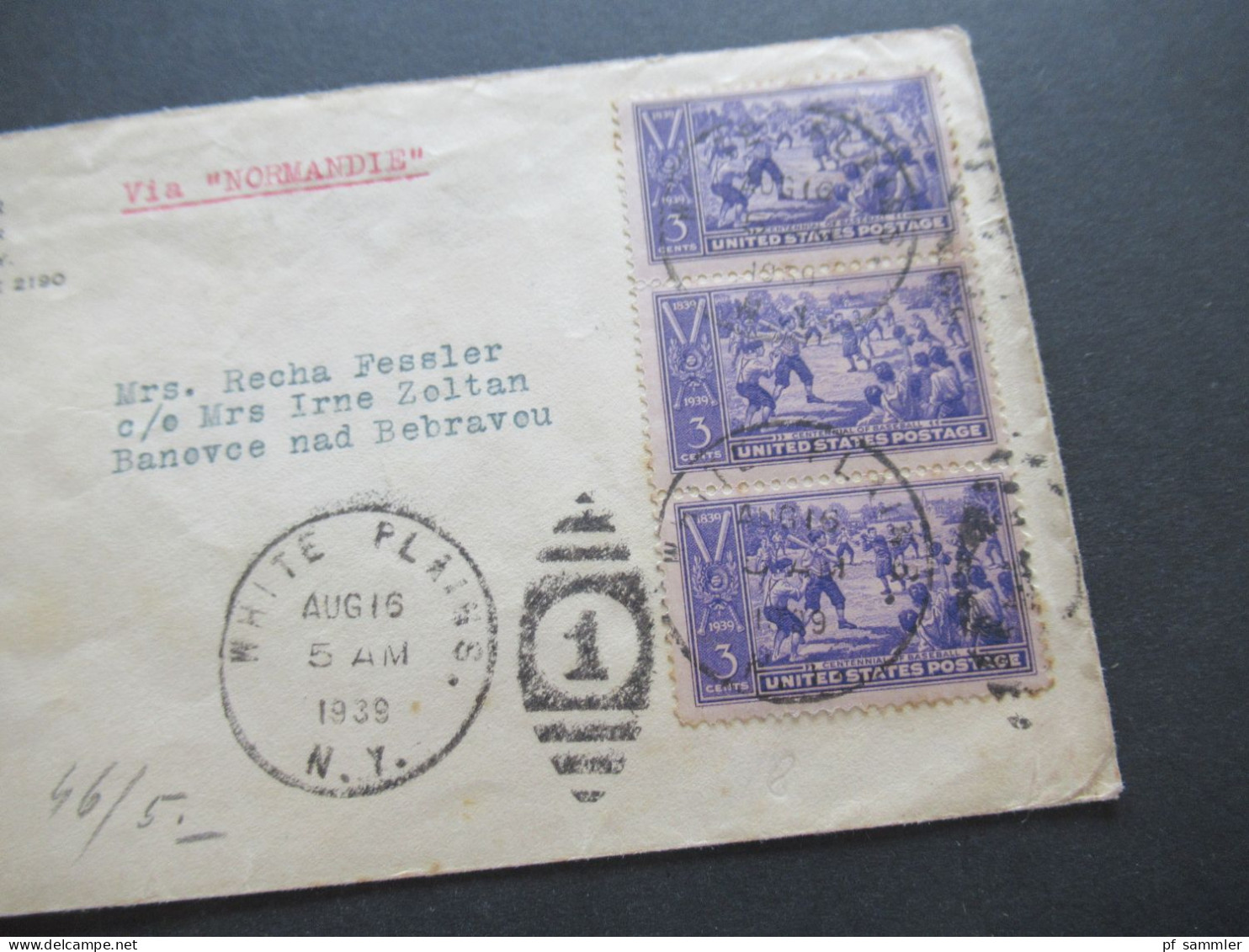 USA 1939 Air Mail Vermerk Via Normandie White Plains NY - Banovce Slovakia Mit Stempel Rückseitig Bratislava - 1c. 1918-1940 Storia Postale
