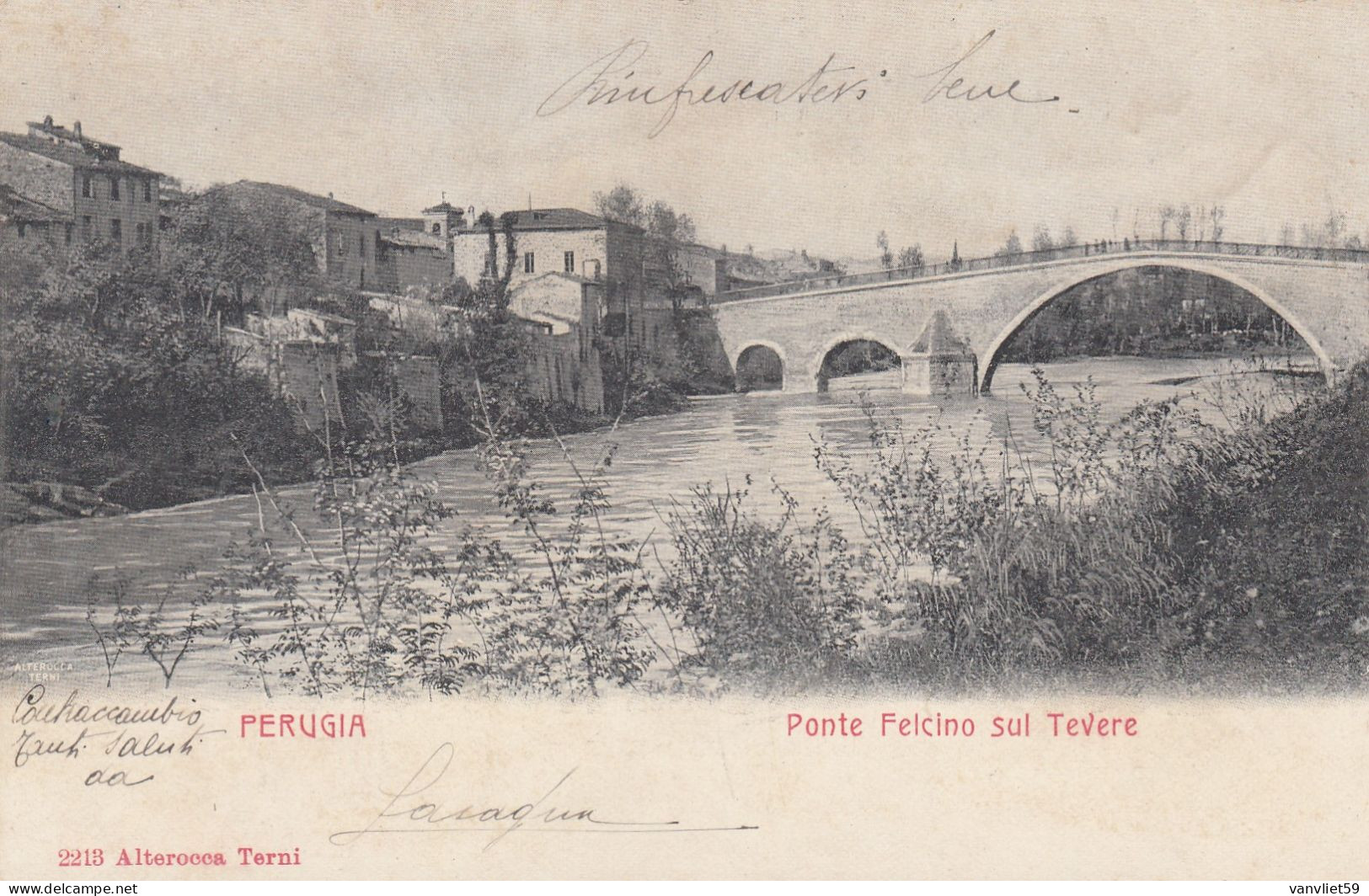 PERUGIA-PONTE FELCINO SUL TEVERE-CARTOLINA VIAGGIATA 1903-RETRO INDIVISO - Perugia