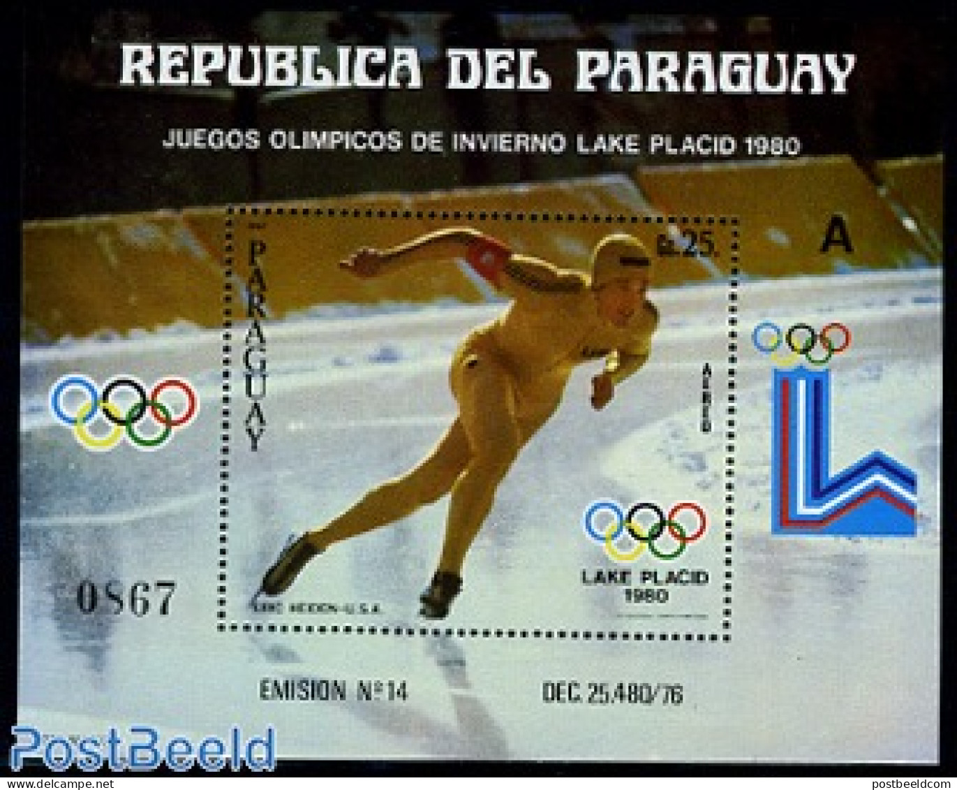 Paraguay 1980 Eric Heiden S/s (A Or B On Border), Mint NH, Sport - Olympic Winter Games - Skating - Paraguay