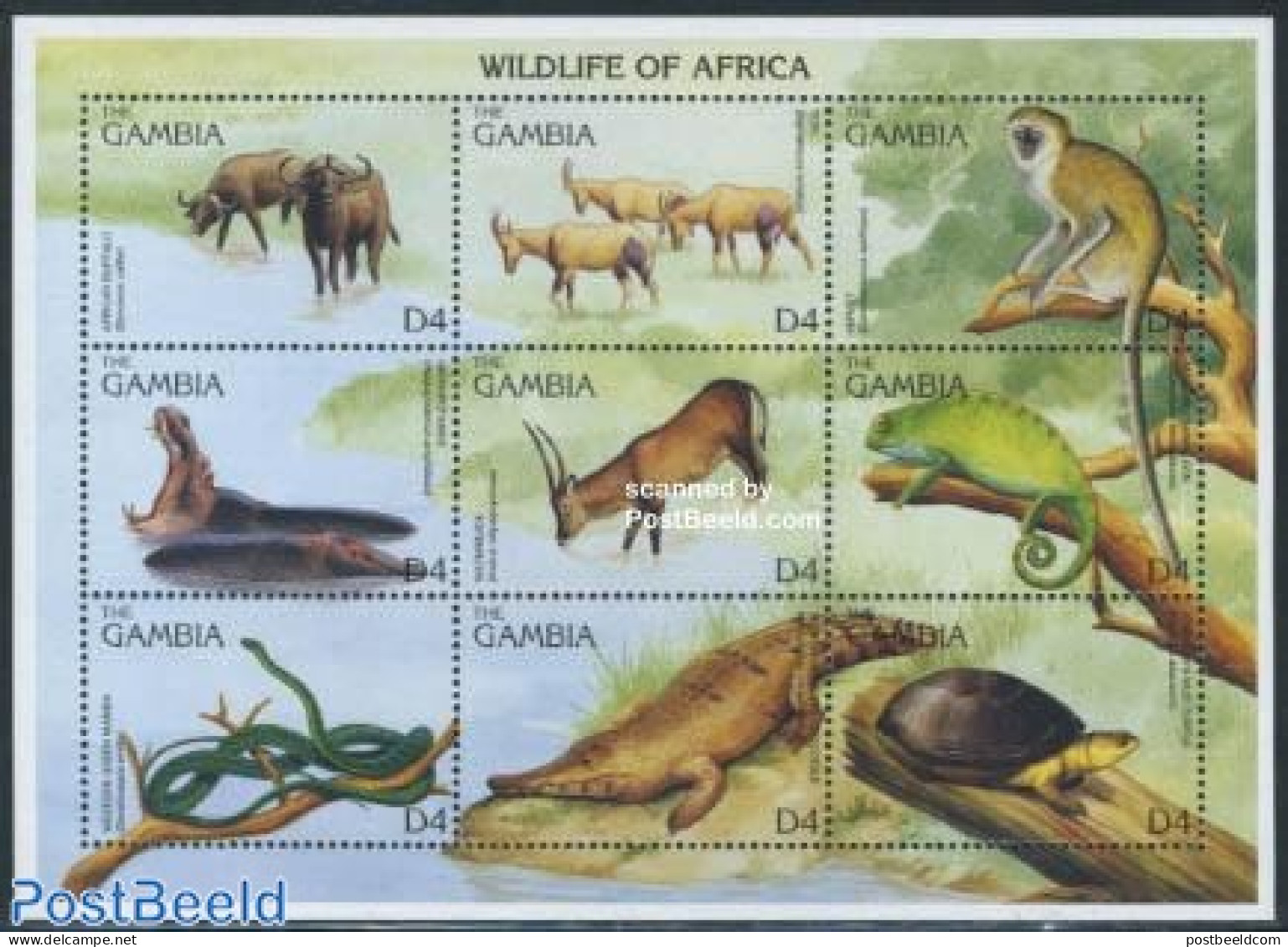 Gambia 1996 Animals 9v M/s, Mint NH, Nature - Animals (others & Mixed) - Crocodiles - Hippopotamus - Monkeys - Reptile.. - Gambia (...-1964)