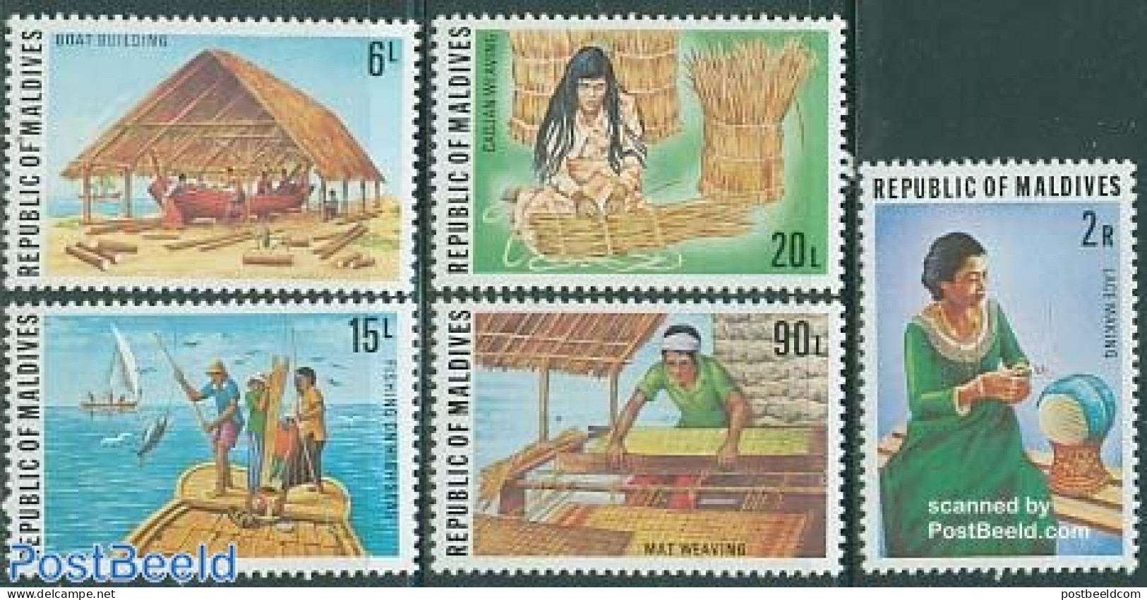 Maldives 1977 Handicrafts 5v, Mint NH, Nature - Transport - Fishing - Ships And Boats - Art - Handicrafts - Poissons