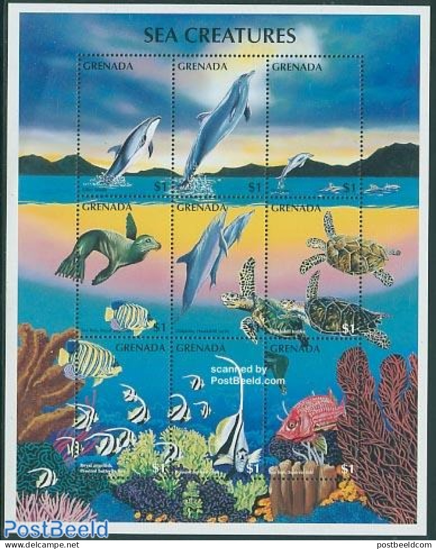 Grenada 1996 Marine Life 9v M/s, Killer Whale, Mint NH, Nature - Fish - Sea Mammals - Turtles - Poissons