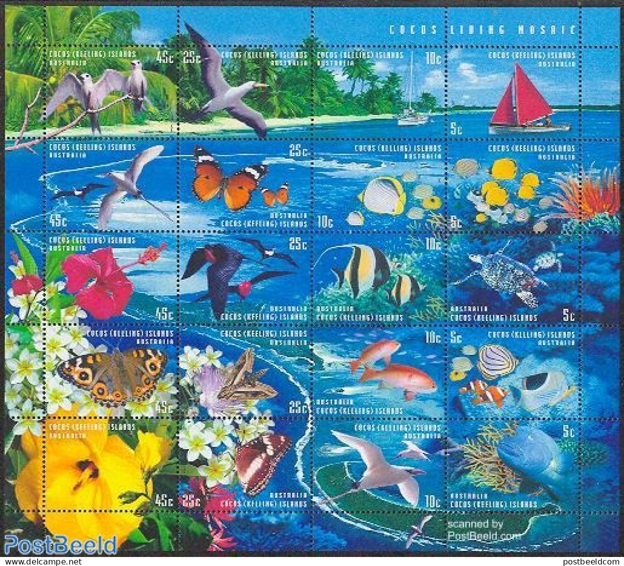 Cocos Islands 1999 Mosaic Of Life 20v M/s, Mint NH, Nature - Birds - Butterflies - Fish - Turtles - Fishes