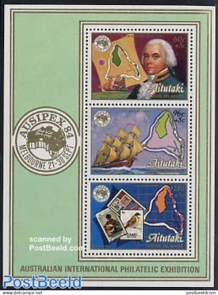 Aitutaki 1984 Ausipex S/s, Mint NH, Nature - Transport - Various - Birds - Philately - Stamps On Stamps - Ships And Bo.. - Briefmarken Auf Briefmarken