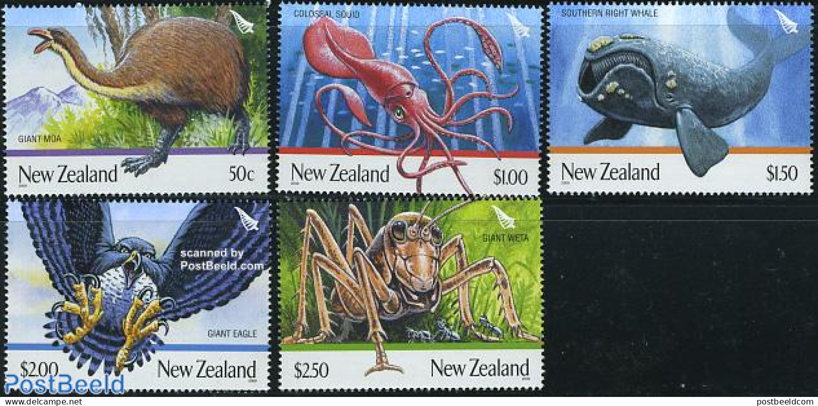 New Zealand 2009 Giant Animals 5v, Mint NH, Nature - Animals (others & Mixed) - Birds - Birds Of Prey - Insects - Sea .. - Neufs