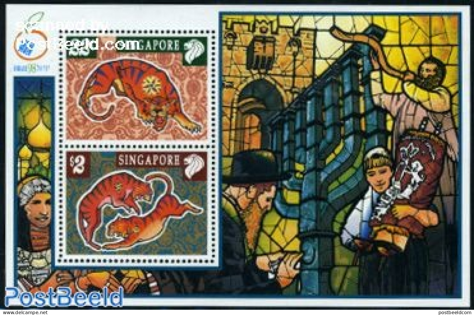 Singapore 1998 Israel 98 S/s, Mint NH, Nature - Various - Cat Family - Philately - New Year - Art - Stained Glass And .. - Nieuwjaar