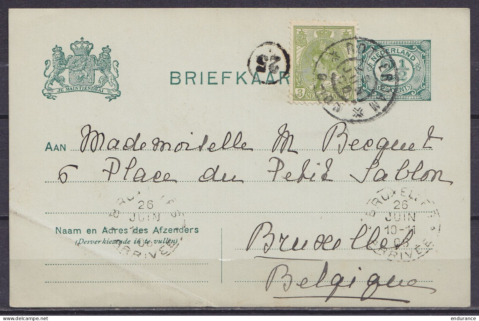 Pays-Bas - EP CP 2½c + 3c Càd ROTTERDAM /25 JUN 1906 Pour BRUXELLES - Càd Essai "BRUXELLES /26 JUIN 06/ ARRIVEEE" - Postal Stationery