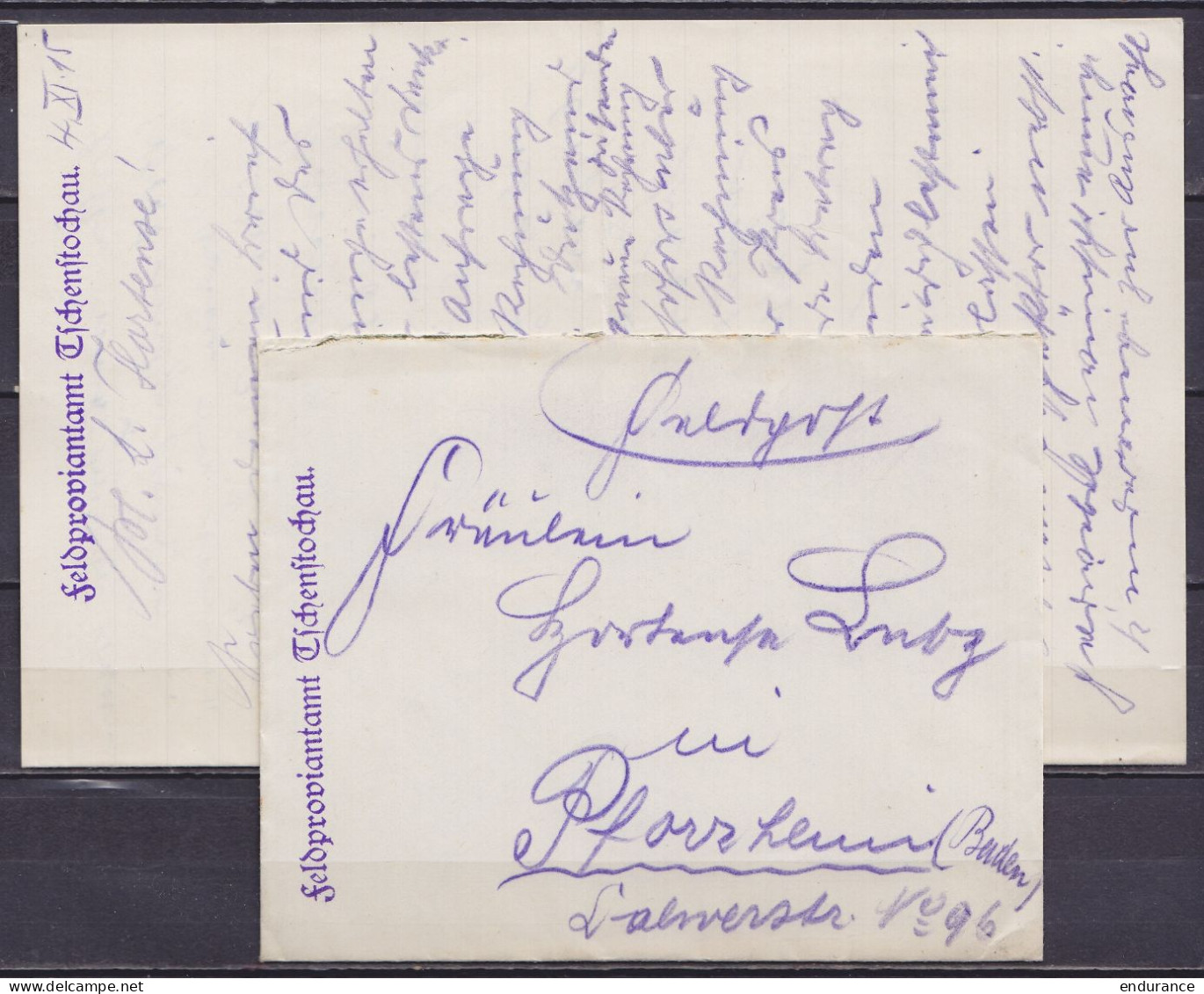 L. En Franchise Datée 4 Novembre 1915 Pour PFORZHEIM Cachet "feldproviantamt Esschensstochau" (au Dos: Cachet "FELD-PROV - Lettres & Documents