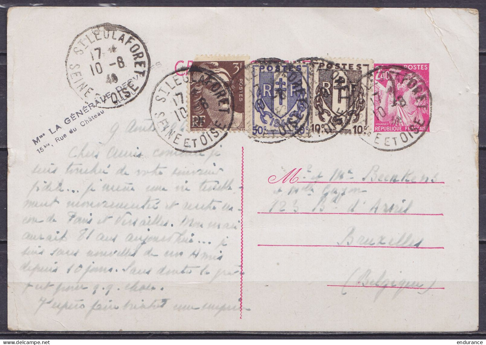 EP CP 2f40 Iris Rose + N°670+673+715 Càd ST-LEU-LA-FORET /10-8-1946 Pour BRUXELLES - Briefe U. Dokumente