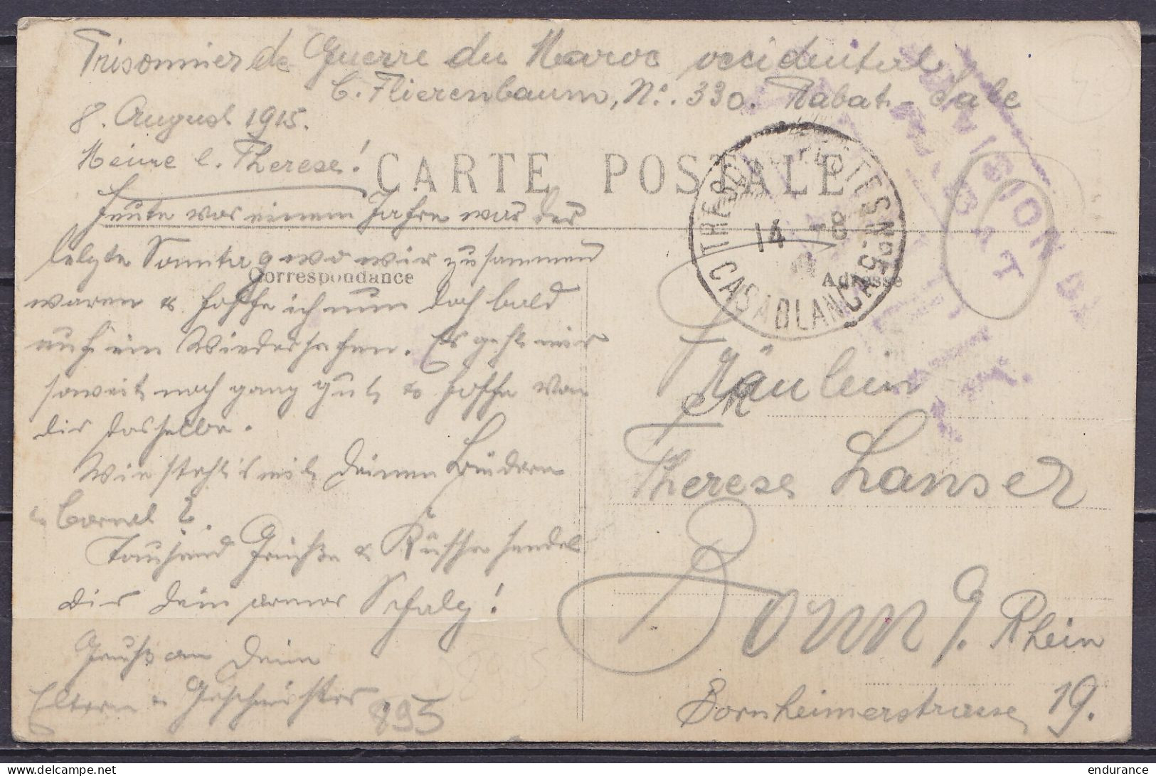 CP En Franchise D'un Prisonnier De Guerre Allemand Au Maroc Occidental Càd "TRESOR ET POSTES N°5 /14-8-1915/ CASABLANCA" - Guerre De 1914-18