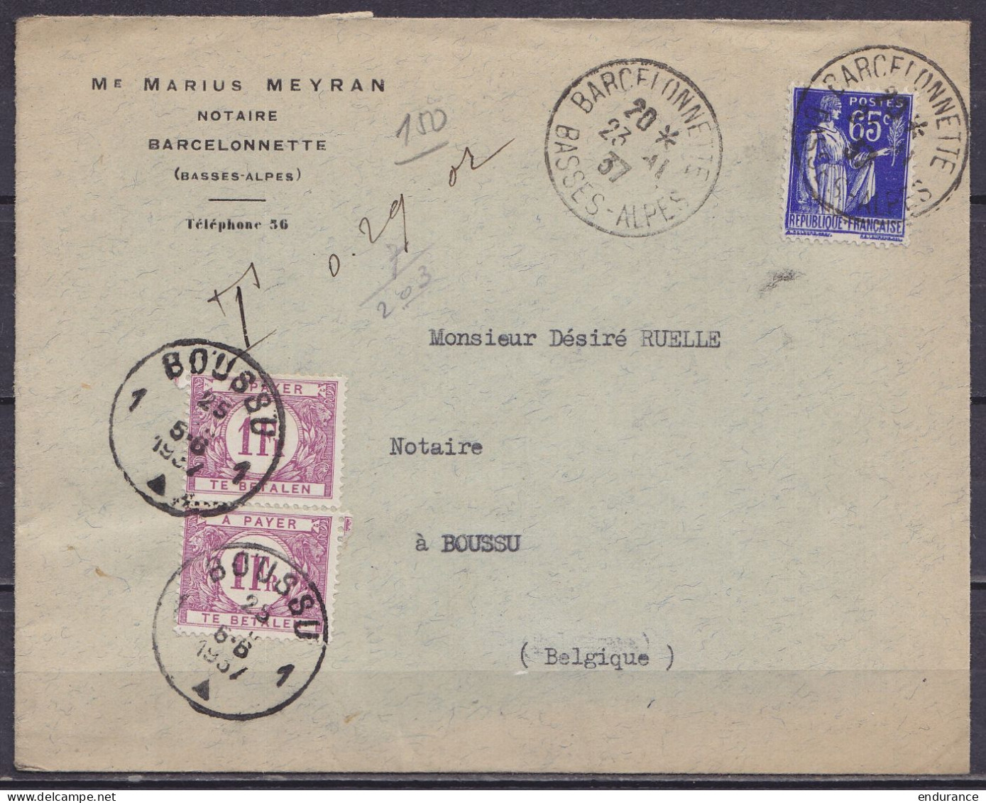 France - Env. "Notaire Marius Meyran" Affr. 62c Càd BARCELONNETTE /23-11-1937/ BASSES-ALPES Pour BOUSSU Taxée 2f Càd BOU - Cartas & Documentos