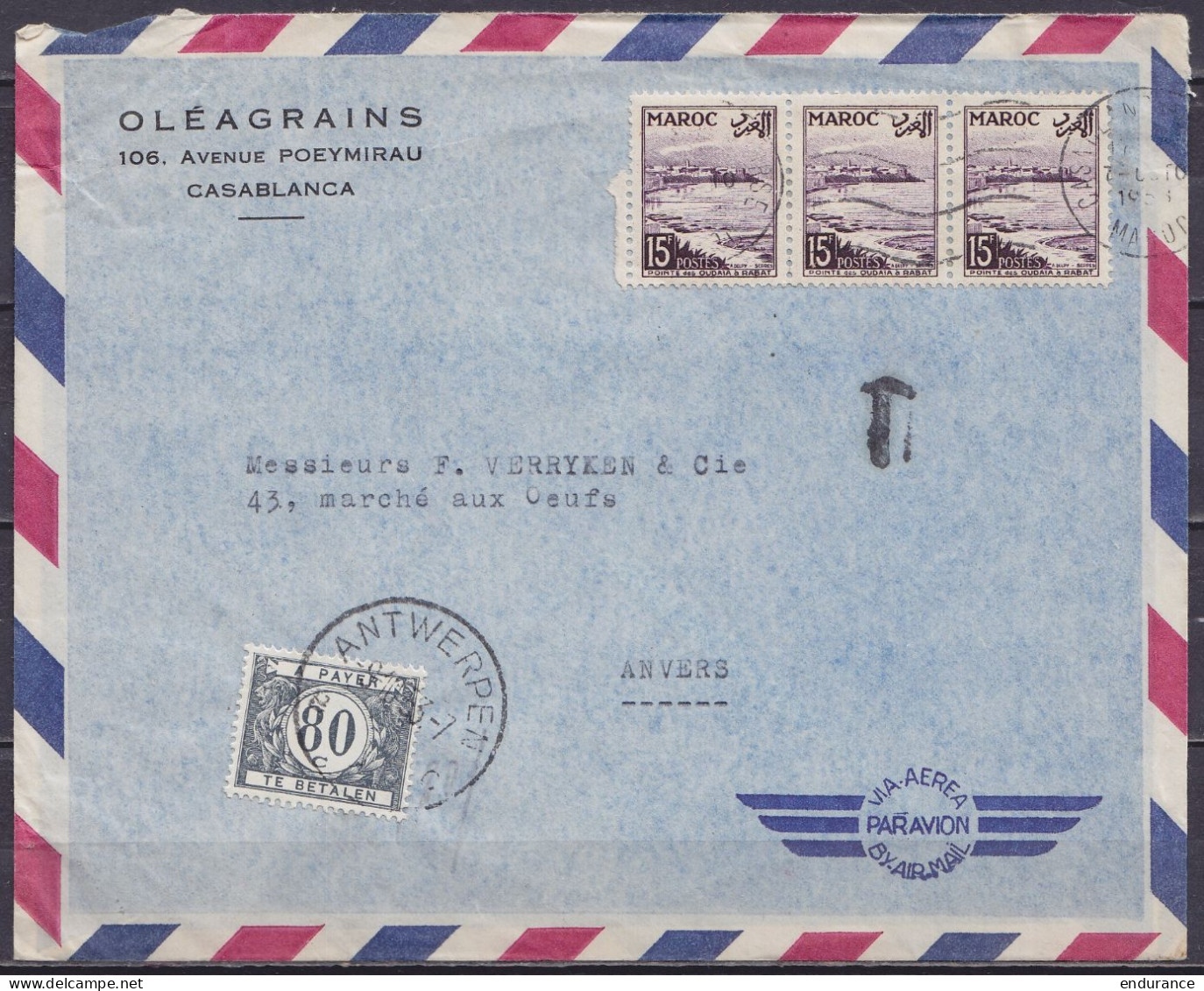 Maroc - Env. "Oléagrains" Par Avion Affr. 3x15f Flam. CASABLANCA /7 OCTO 1933 Pour ANVERS Taxée 80c Càd ANTWERPEN /9.10. - Lettres & Documents
