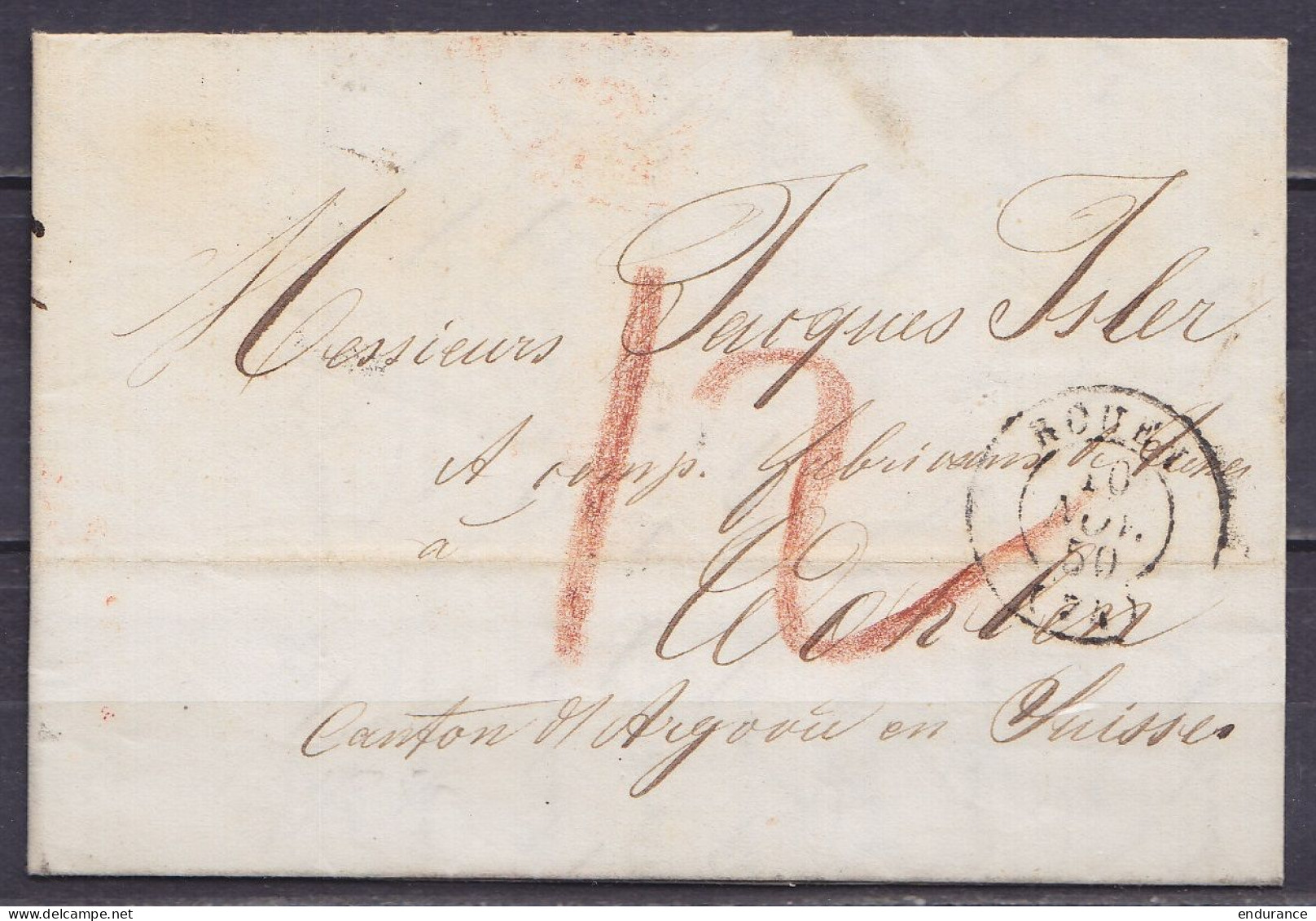 L. Càd ROUEN /10 NOV 1850 Pour WOHLEN Canton D'Argovie Suisse - Port "12" (au Dos: Càd Partiel PARIS & BASEL) - 1849-1876: Classic Period