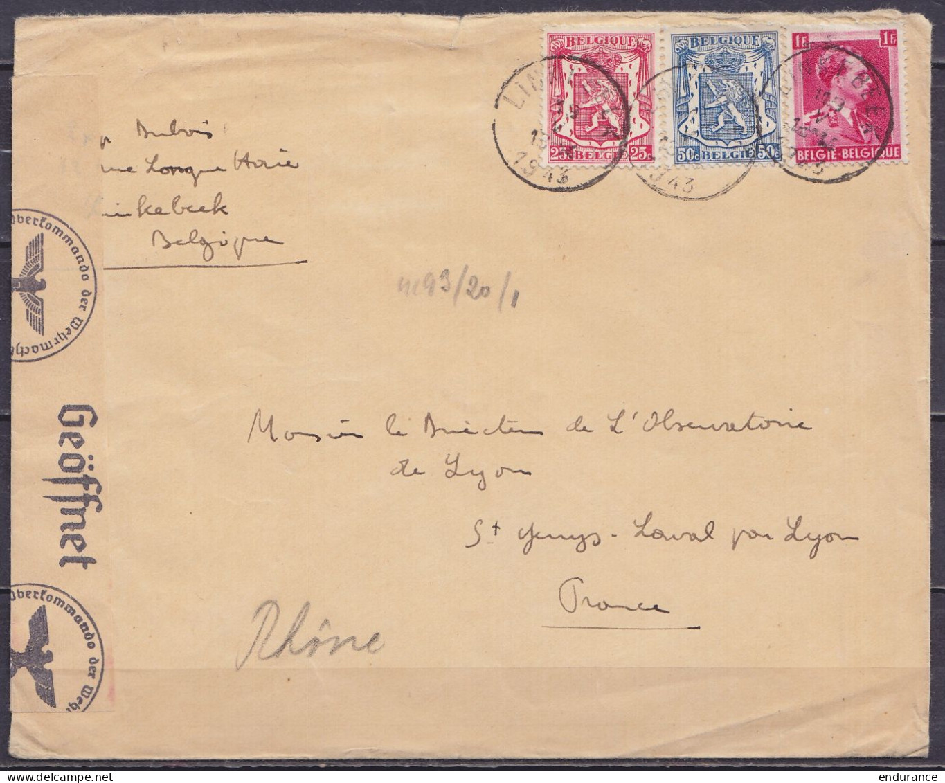 Env. Affr. N°423+426+528 Càd LINKEBEEK /19 V 1943 Pour SAINT-GENIS-LAVAL Par Lyon - Bande & Cachet Censure Allemande - 1935-1949 Small Seal Of The State