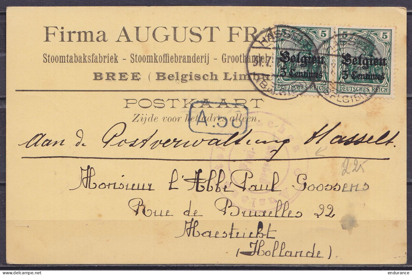 CP Affr 2x OC2 Càpt HASSELT /31.7.1915 Pour MAESTRICHT Hollande - Cachet Censure "Auslandstelle Aachen / Frei-gegeben" - OC1/25 Gobierno General