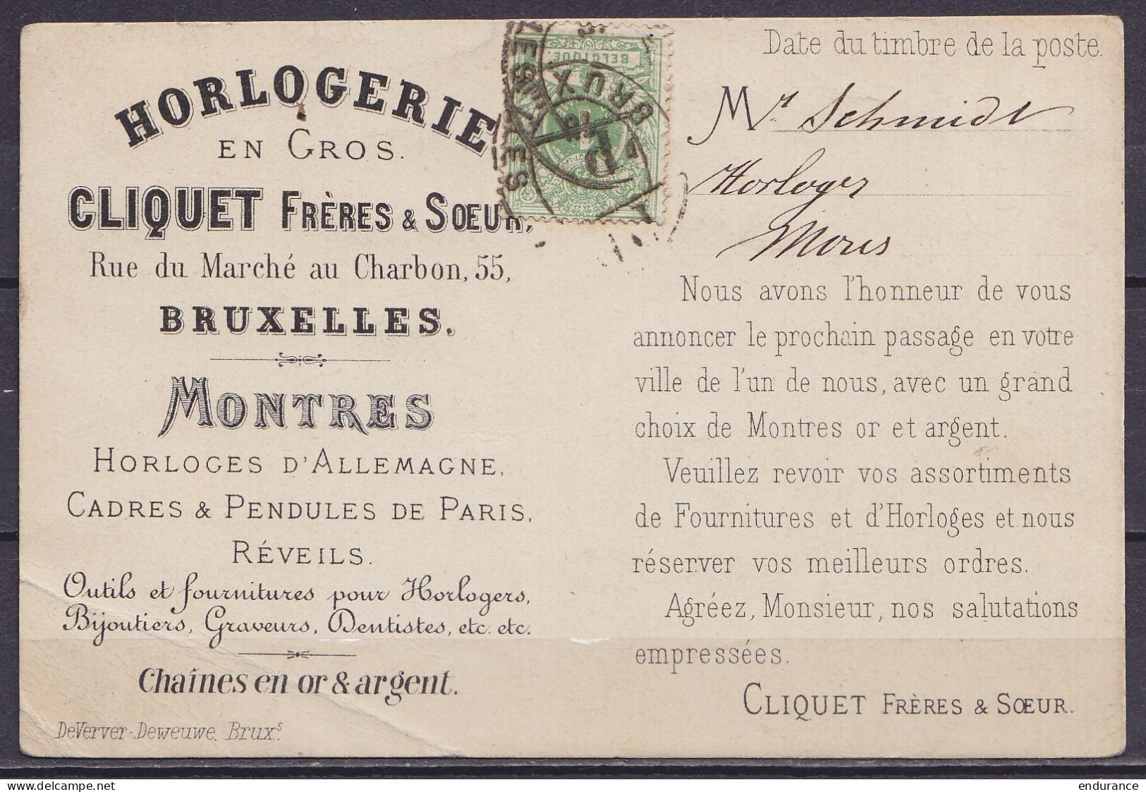 CP Publicitaire "Horlogerie Cliquet" Imprimé Affr. N°26 Càd Oval Imprimés "PP /1875/ BRUXELLES" Pour MONS - 1869-1888 Lying Lion