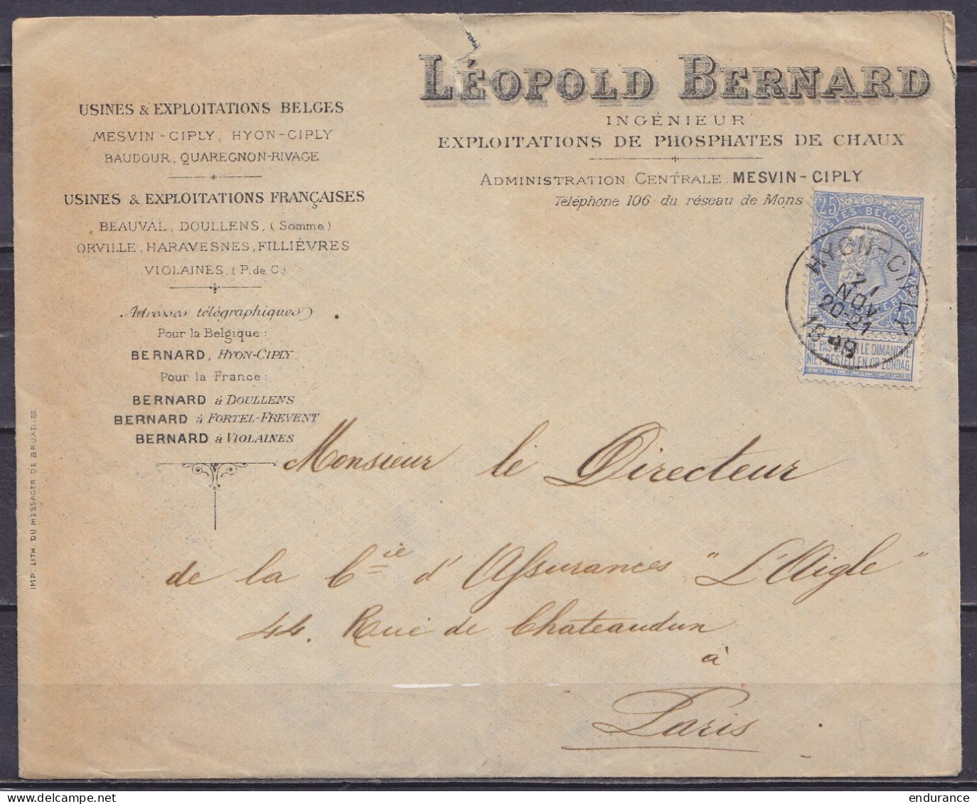 Env. "Exploitations De Phosphates De Chaux L. Bernard" Affr. N°60 Càd HYON-CIPLY /21 NOV 1899 Pour PARIS - 1893-1900 Schmaler Bart