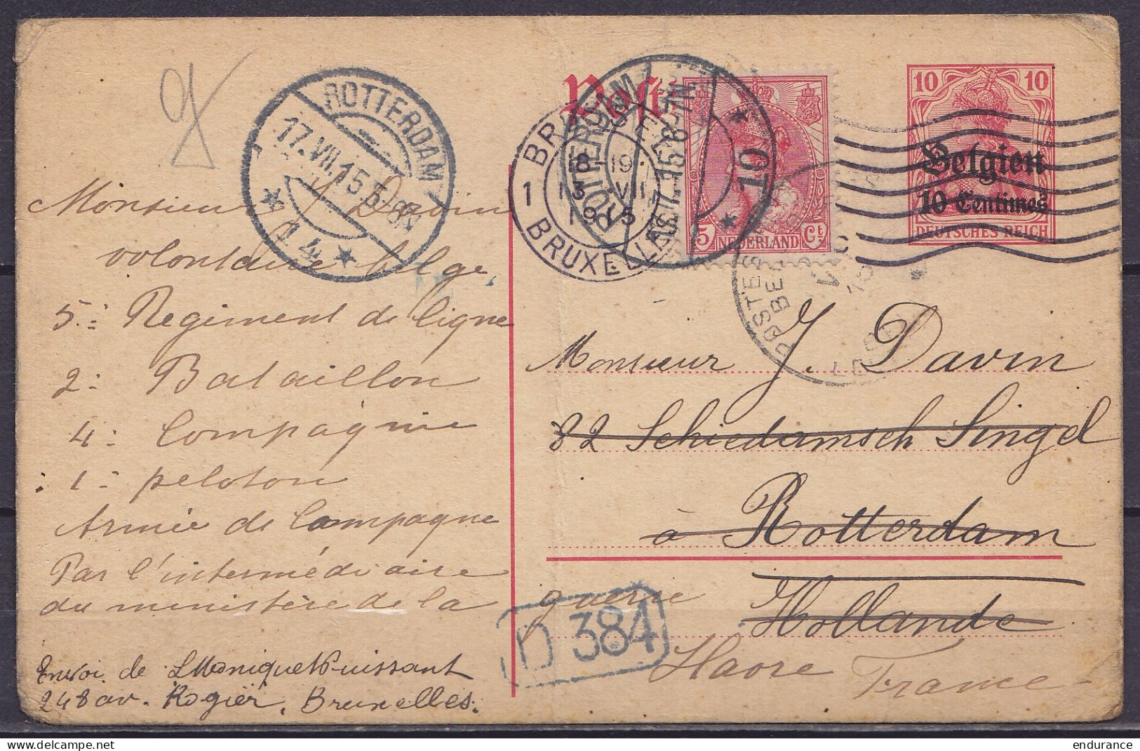 Postkarte CP 10c (type OC3) Flam. BRUXELLES /13 VII 1915 Pour ROTTERDAM Hollande, Réaffr. 5c Et Réexpédiée Au HAVRE Fran - Occupation Allemande