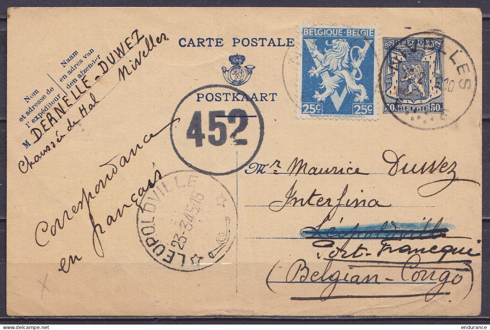 EP CP 50c Bleu + N°676 Càd NIVELLES /10-2-1945 Pour LEOPOLDVILLE Congo Belge Réexpédiée à PORT-FRANCQUI - Cachet Censure - Postcards 1934-1951