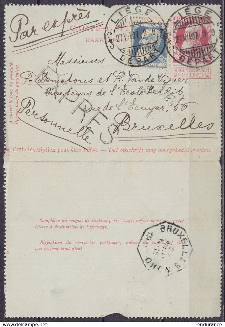 EP 10c Rouge (type N°74) + N°76 En Exprès Càpt "LIEGE /27.VII.1907/ DEPART" (pas Courant !) Pour BRUXELLES - Griffe "EXP - Postkarten 1871-1909