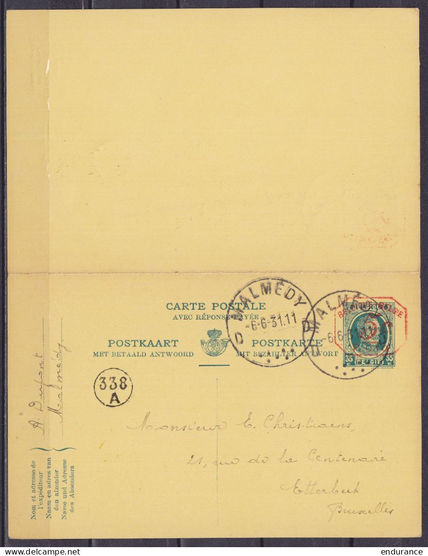 EP CP Avec Réponse Payée Trilingue FR, NL & DE Double 35c Turquoise (type N°201) + Empreinte Machine Rouge 5c Càd MALMÉD - Postkarten 1909-1934