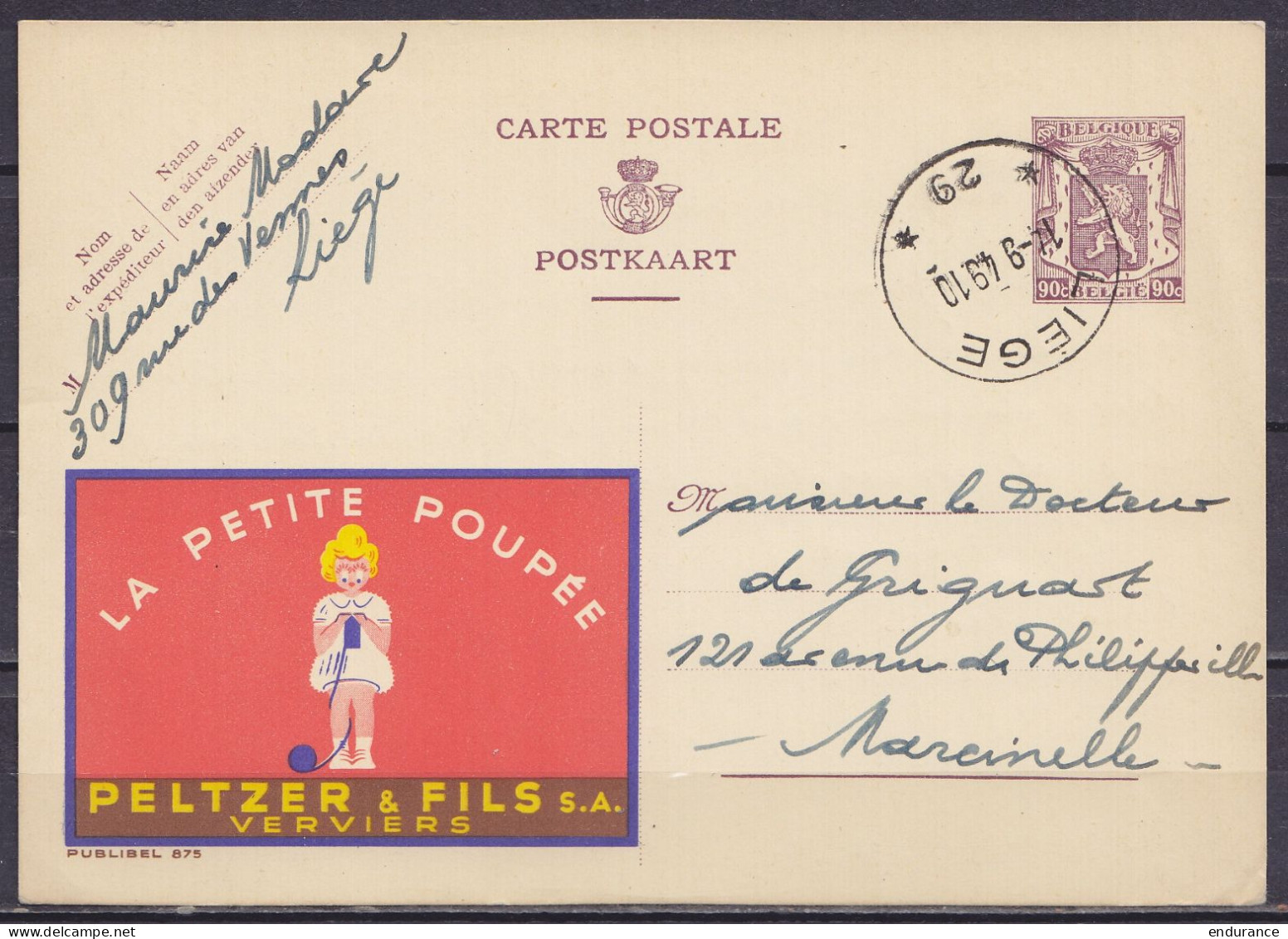 EP CP 90c Violet Foncé - Publibel 875 "La Petite Poupée Peltzer & Fils Verviers" Càd Agence "LIEGE /14-9-1949/ *29*" Pou - Werbepostkarten