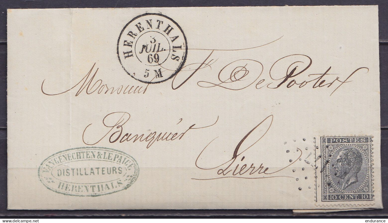 L. Affr. N°17 (avec Voisin) Lpts "177" Càd HERENTHALS /3 JUIL 1869 Pour LIERRE (au Dos: Càd Arrivée LIERRE) - 1865-1866 Profilo Sinistro