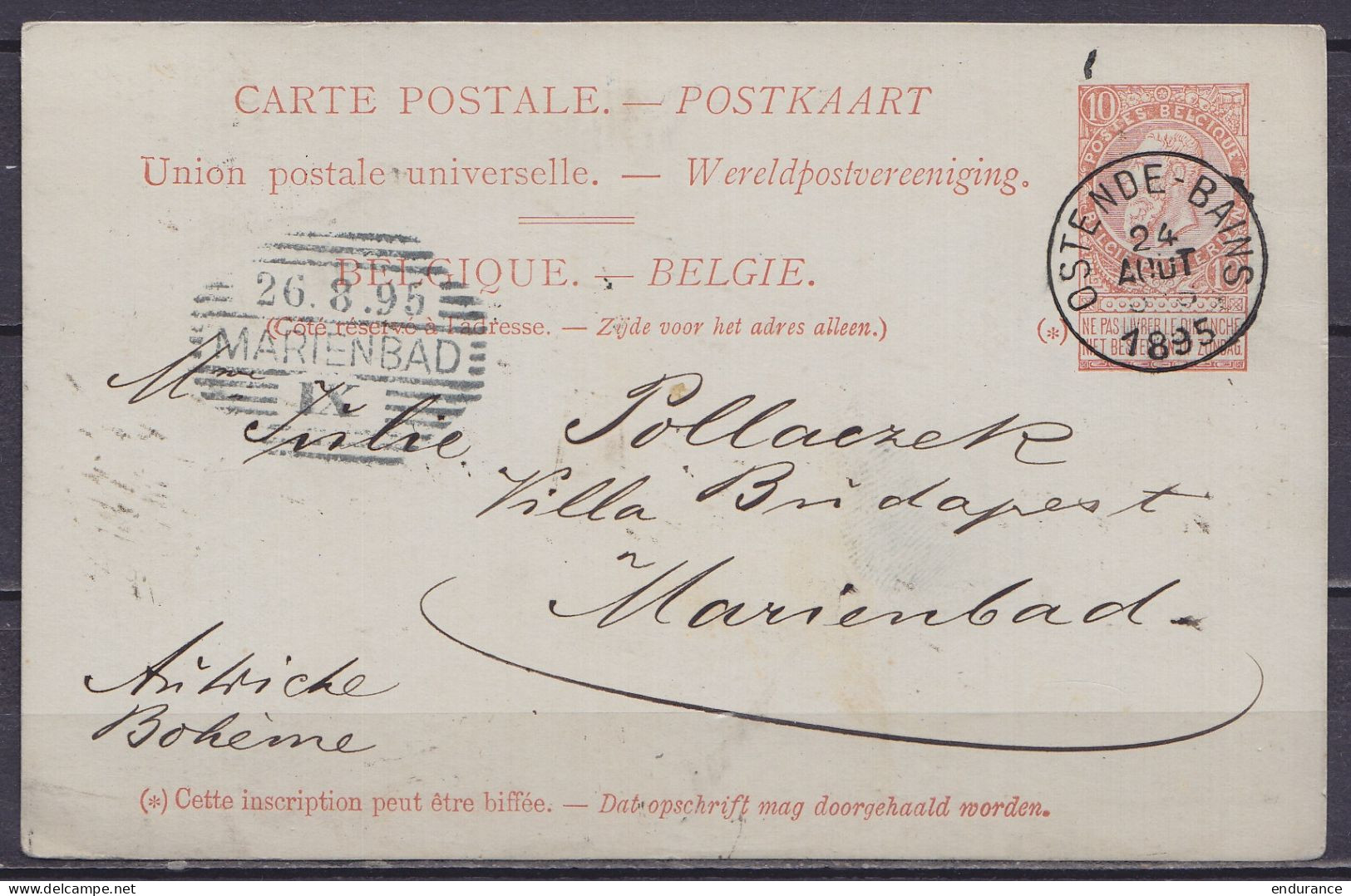 EP CP 10c Rouge-brun (type N°57) Càd OSTENDE-BAINS /24 AOUT 1895 Pour MARIENBAD Bohême Autriche - Càd Arrivée MARIENBAD - Postcards 1871-1909