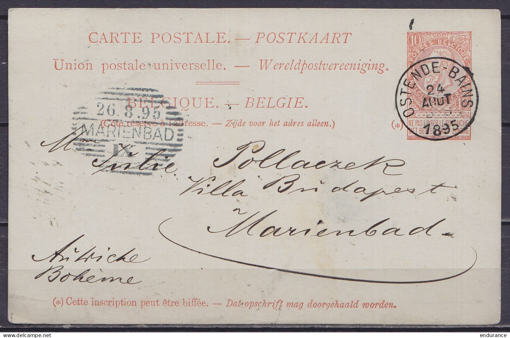 EP CP 10c Rouge-brun (type N°57) Càd OSTENDE-BAINS /24 AOUT 1895 Pour MARIENBAD Bohême Autriche - Càd Arrivée MARIENBAD - Cartoline 1871-1909