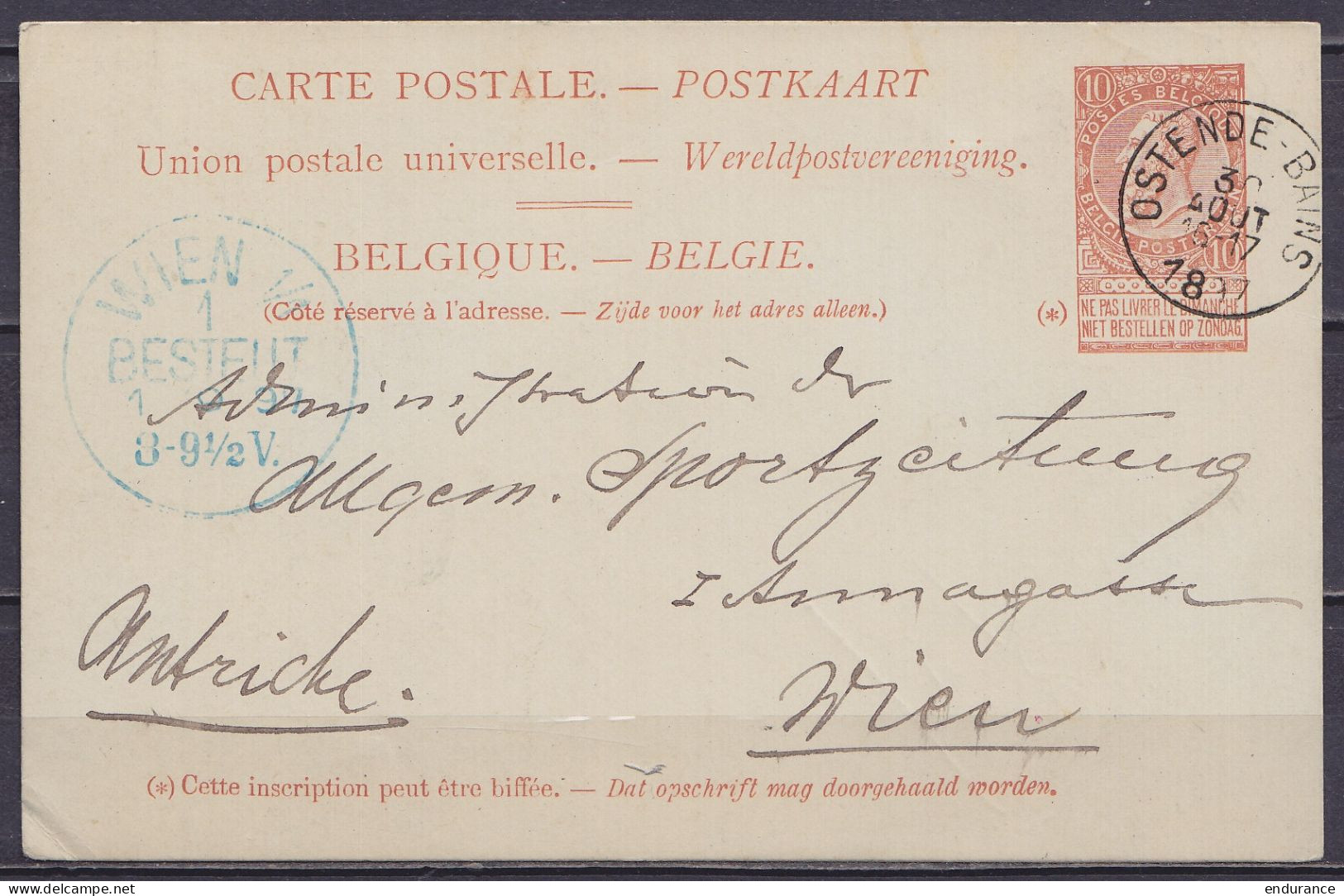 EP CP 10c Rouge-brun (type N°57) Càd OSTENDE-BAINS /30 AOUT 1897 Pour WIEN Autriche - Càd Arrivée WIEN - Cartes Postales 1871-1909
