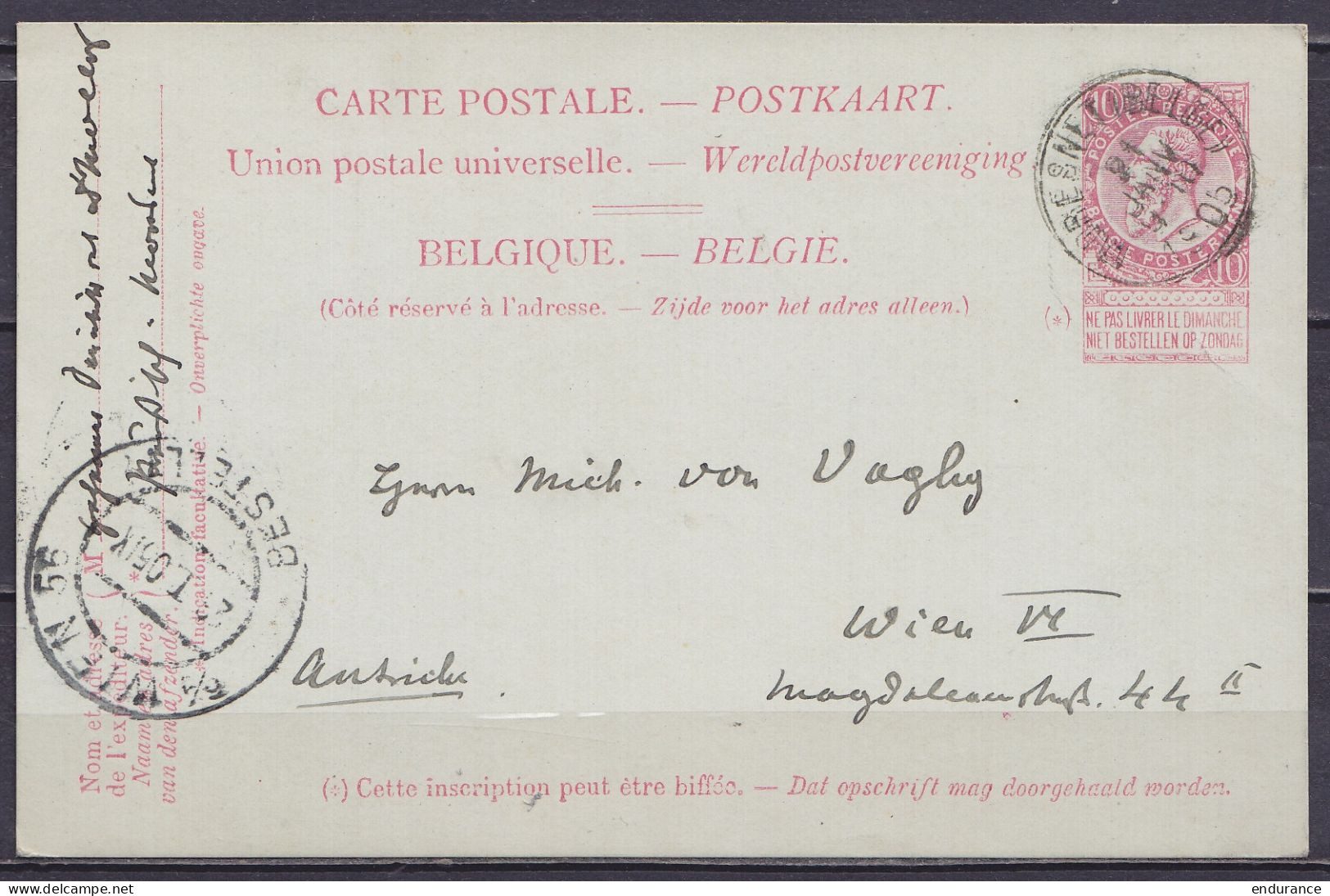 EP CP 10c Rose (type N°58) Càd MORESNET (BELGE) /21 JANV 1905 Pour VIENNE Autriche - Càd Arrivée WIEN - Cartoline 1871-1909