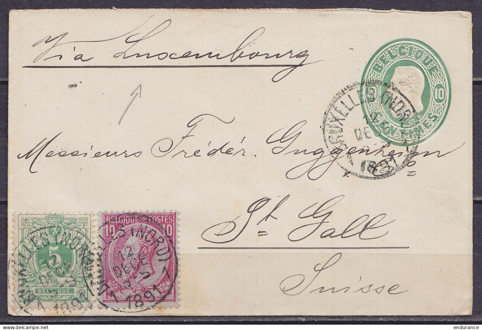 EP Enveloppe 10c Vert Oval + N°45+46 Càd BRUXELLES (NORD) /12 DECE 1891 Pour ST-GALL Suisse "via Luxembourg" - Covers