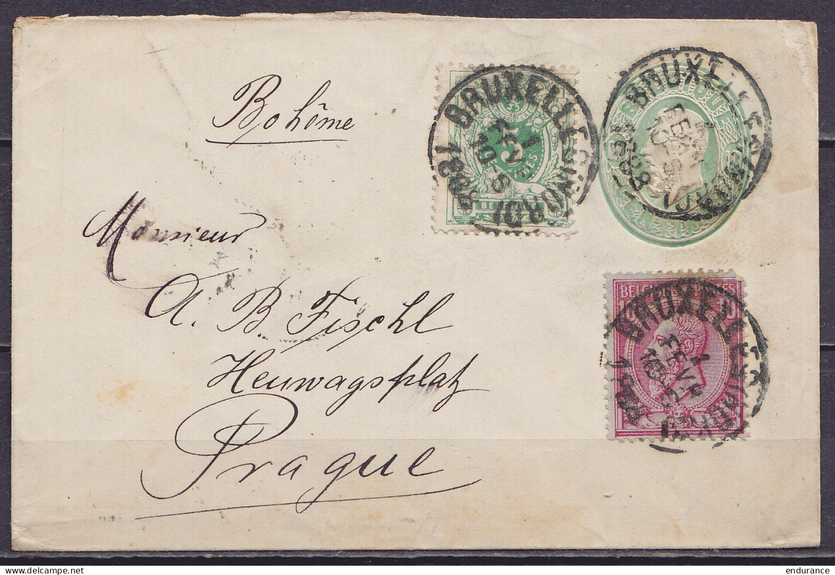 EP Enveloppe 10c Vert Oval + N°45+46 Càd BRUXELLES (NORD) /1 FEVR 1888 Pour PRAGUE Bohême (au Dos: Càd Arrivée PRAG / PR - Briefe