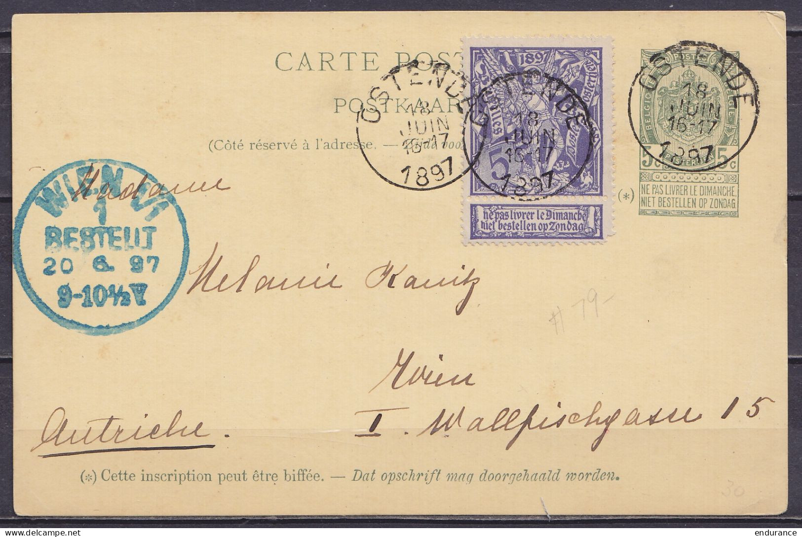 EP CP 5c Gris-vert (type N°56) + N°71 Càd OSTENDE /18 JUIN 1897 Pour WIEN Autriche - Càd Arrivée WIEN VI - Tarjetas 1871-1909