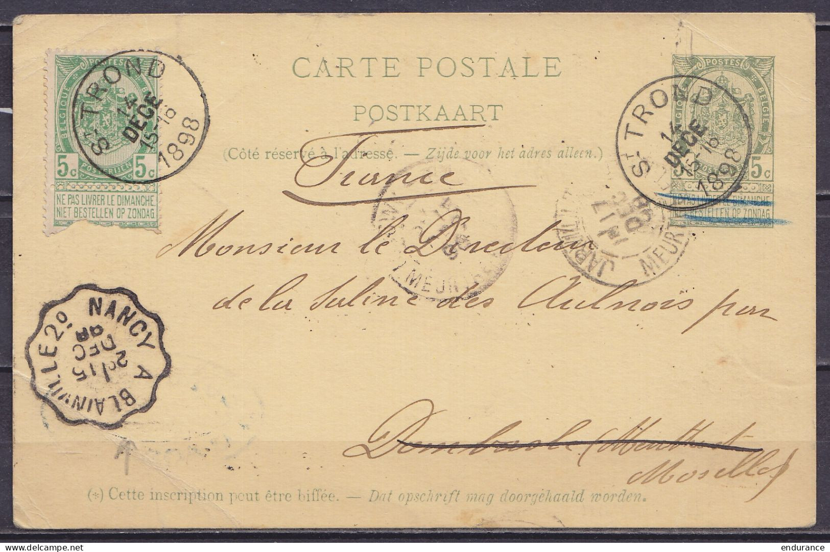 EP CP 5c Gris-vert (type N°56) + N°56 Càd ST-TROND /14 DECE 1898 Pour DAMBACH (Meurthe Et Moselle) - Càd Convoyeur-train - Cartes Postales 1871-1909