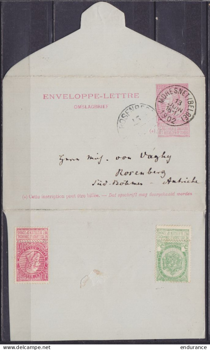 EP Enveloppe-lettre 10c Rose (type N°58) Càd MORESNET (BELGE) /13 JUIN 1902 Pour ROSENBERG Süd-Böhmen Autriche - Càd Arr - Letter Covers