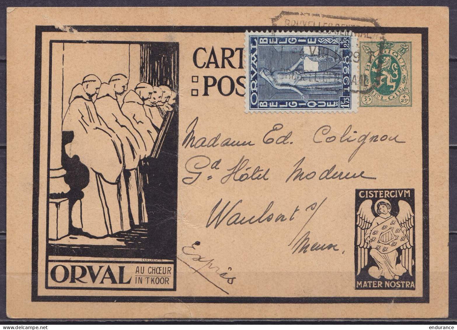 EP CP 35c Vert (type N°201) "Orval Au Chœur" + N°262 En Exprès Càd [BRUXELLES CENTRAL /-4 VIII 1929/ BRUSSEL CENTRAAL] P - Cartoline 1909-1934